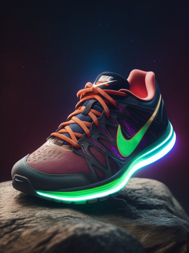 Illustration of a nike sports shoe in neon lights on a rock at night with moon light, bright and saturated colors, highly detailed, sharp focus, fashion magazine style