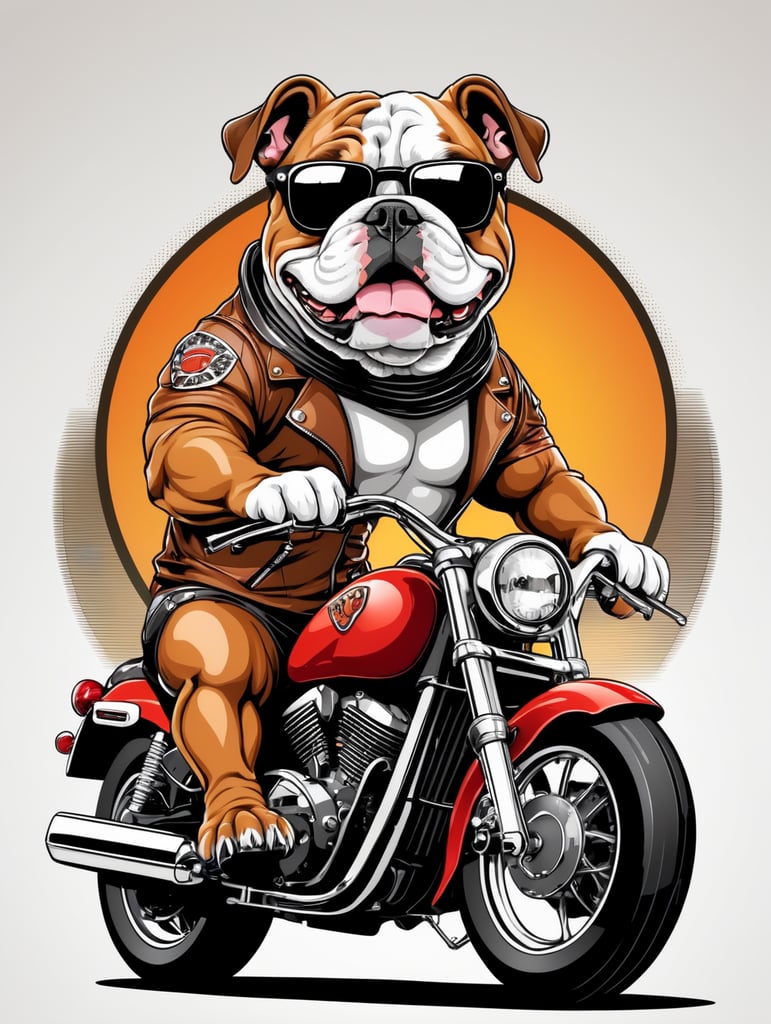 a bulldog riding a motorbike, in the style of vector comic art on white background