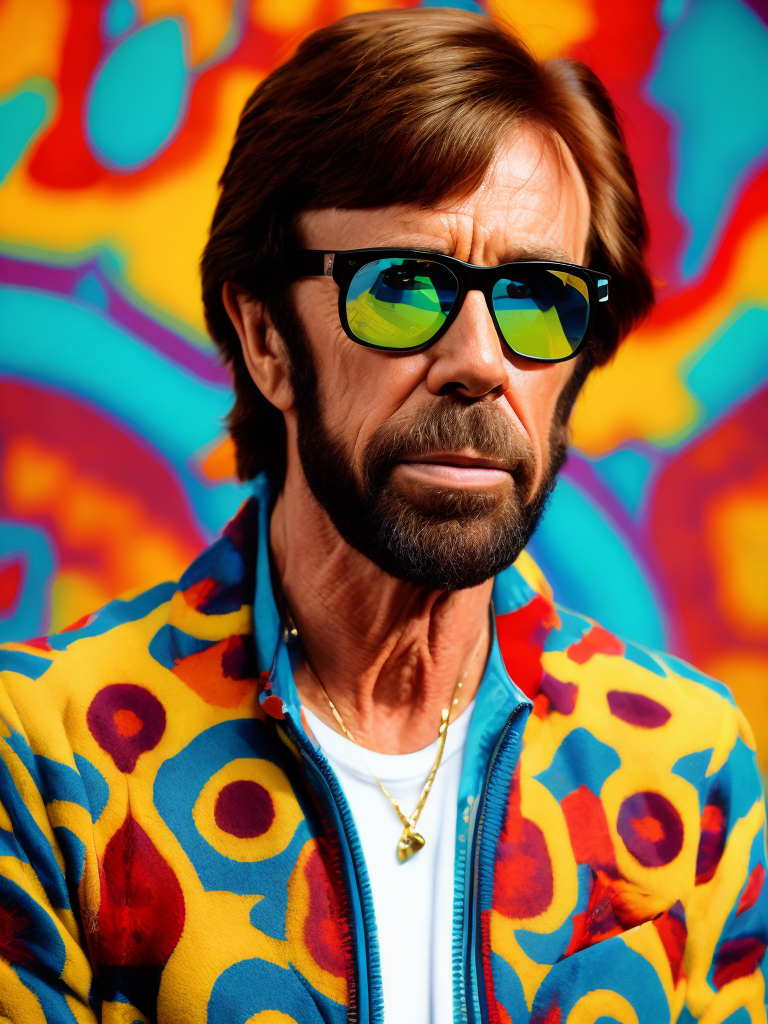 Chuck Norris wearing a brightly patterned jacket and wayfarer glasses, Vivid saturated colors, Contrast color