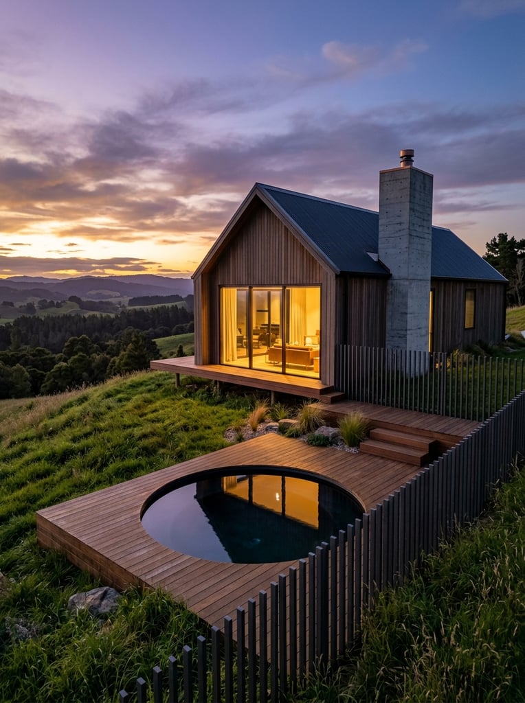 modern minimalist house, vertical wood siding, corrugated metal pitched roof, large glowing picture window, tall exposed concrete chimney, elevated on a grassy hill, circular reflection pool embedded in wooden deck foreground, vertical metal slat fence, soft twilight sky, purple and golden hues, serene architectural photography, wide angle