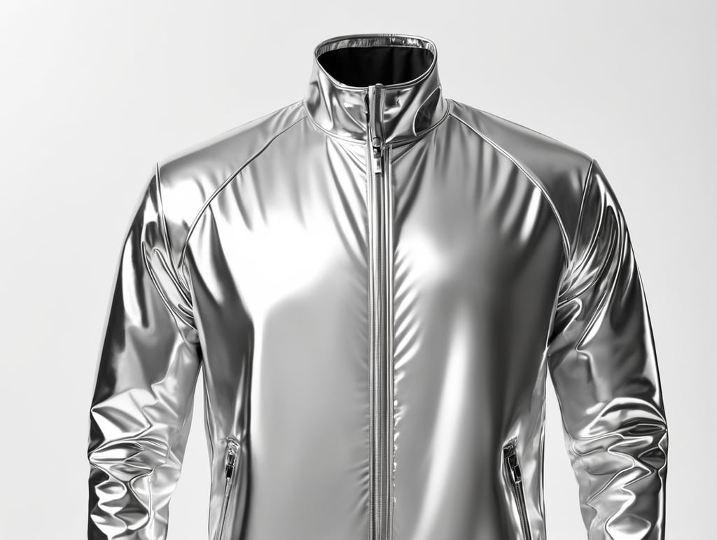 A realistic photo of a chrome shiny jacket on a invisible mannequin, coverall with reflective material, isolated, white background