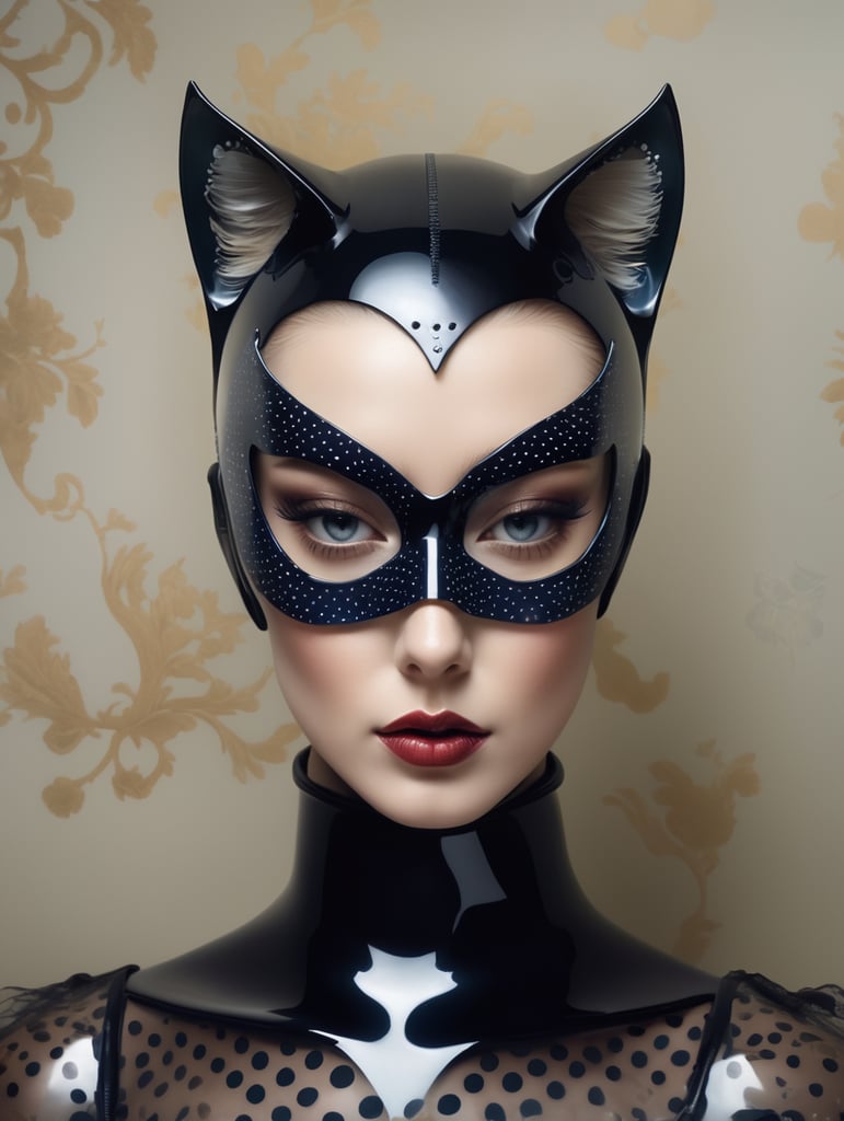front portrait Photography, transparent dark plexiglass printed with polka dots colors print, cat woman mask, an attractive, 80 degree view, art by Sergio Lopez , Natalie Shau, James Jean and Salvador Dali