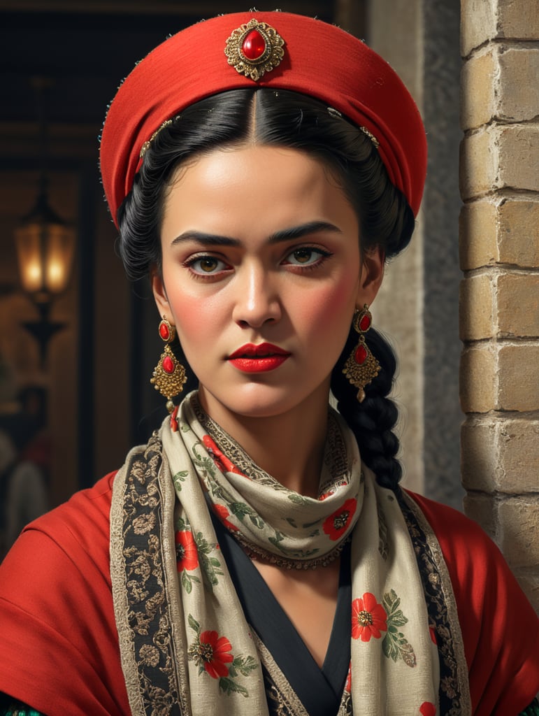 Frida Khalo in a red hat and scarf in a pictorial review cover, 1920s showy color, 1 9 2 0 s advertisement, 1 9 2 0 s Cloth hair, JC LeyendeCker 8 K, j. C. LeyendeCker 8 K, j. C. LeyendeCker. Black hair