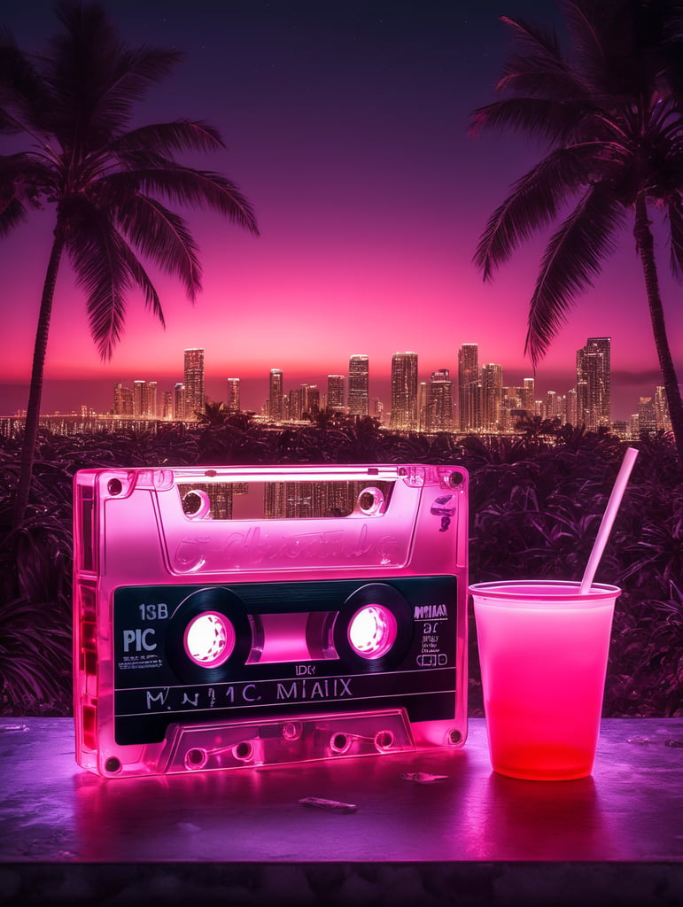 pink cassette tape with a red plastic cup next to it. Cocaine, Palm trees And a Miami Background nighttime neon lights