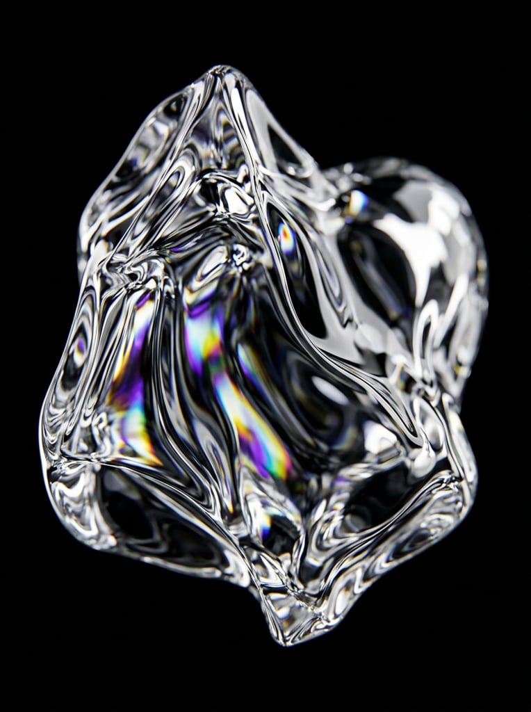 Irregular transparent glass mass, solid black background, crumpled fluid shape, sharp ridges, smooth melted curves, highly refractive surface, internal rainbow spectral dispersion, chromatic aberration, glossy reflections, abstract 3D render, macro focus, high contrast