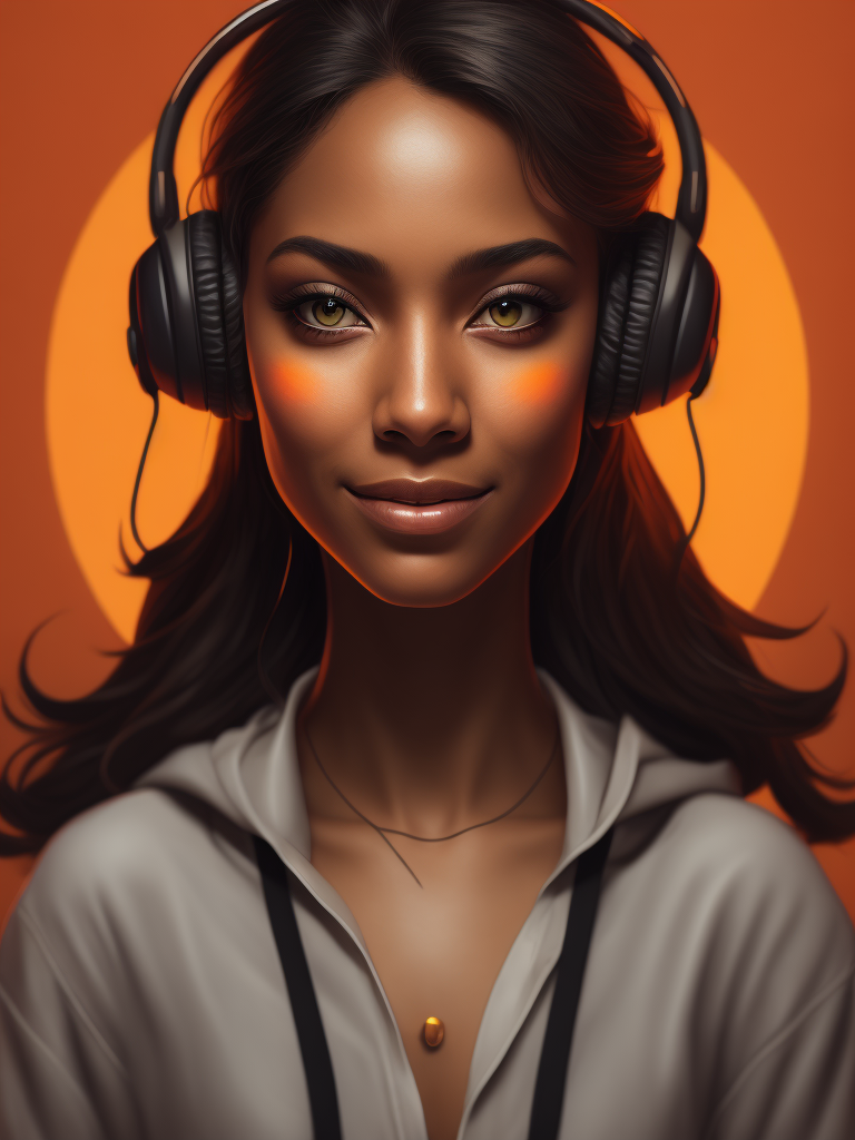 Pretty girl listening to music with calm sweet smile and big eyes with orange background