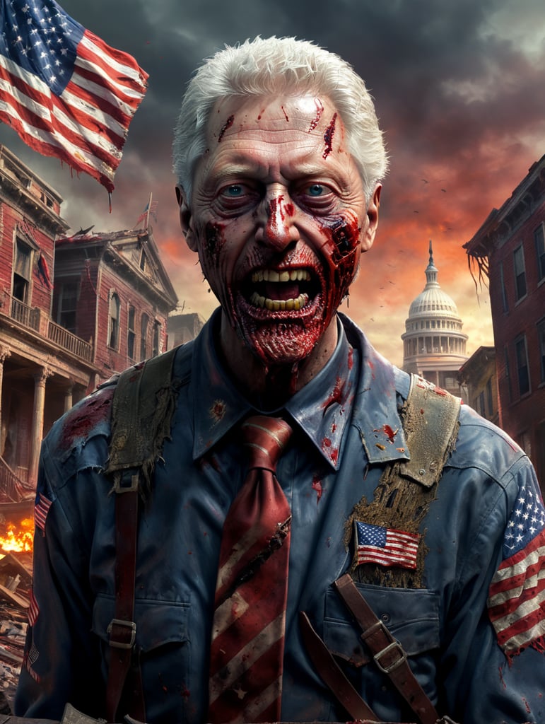 creepy Bill Clinton zombie with distopian creepy american flag background crumbling buildings, vivid and contrasting colors, sinister, blood, detail, evil