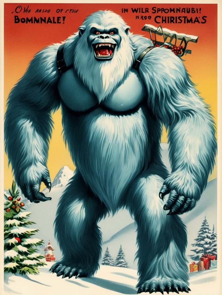 Yeti, Abominable Snowman, vintage Christmas postcard illustration