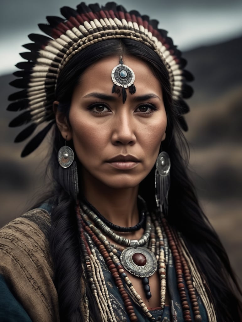 portrait, old western Native American daughter of Shaman, national clothing, dark scene, dark atmosphere, epic shot, sharp on details