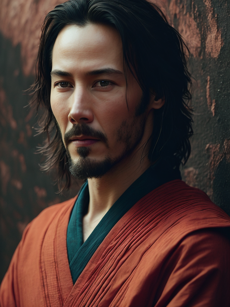 Portrait of Keanu Reeves as a samurai in a red kimono, serious look, detailed background in an oriental style, bright saturated colors