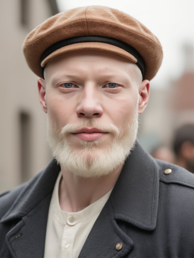Albino man with a brown beard wearing a beret of the same beard color, square jaw shape