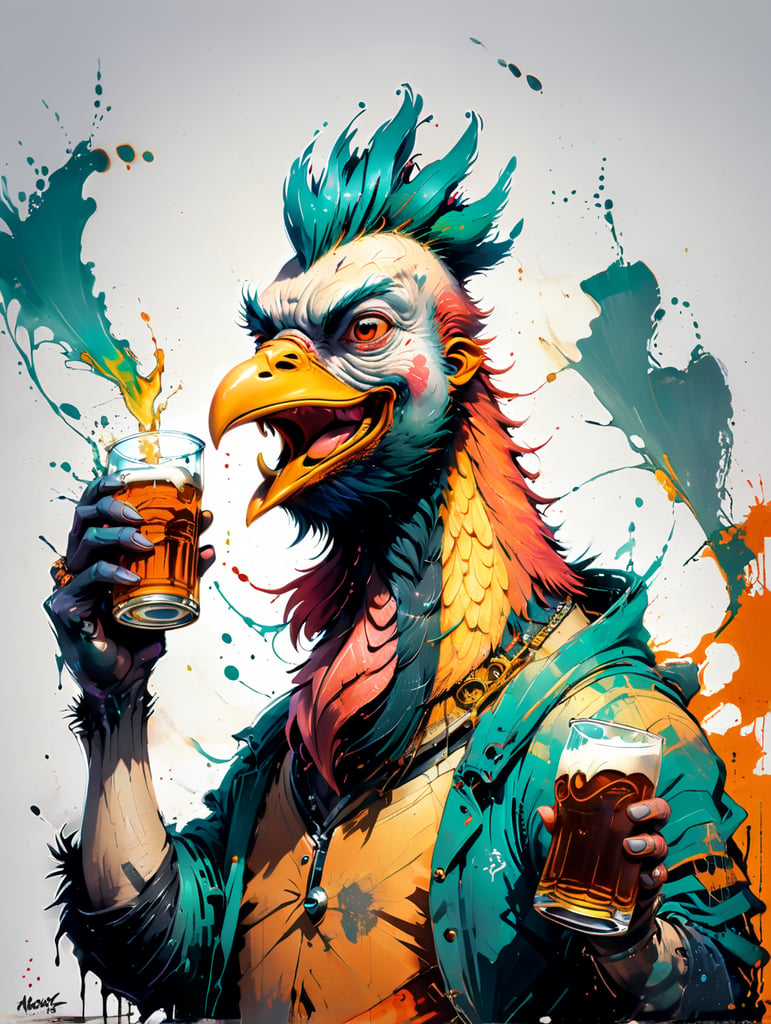 Drunk rooster holding beer