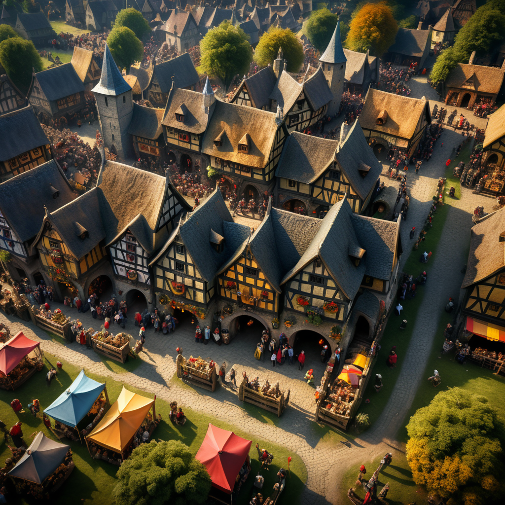 A medieval-inspired creative concept is depicted in a tilt-shift photograph capturing the joyful ambiance of a village fete and fair