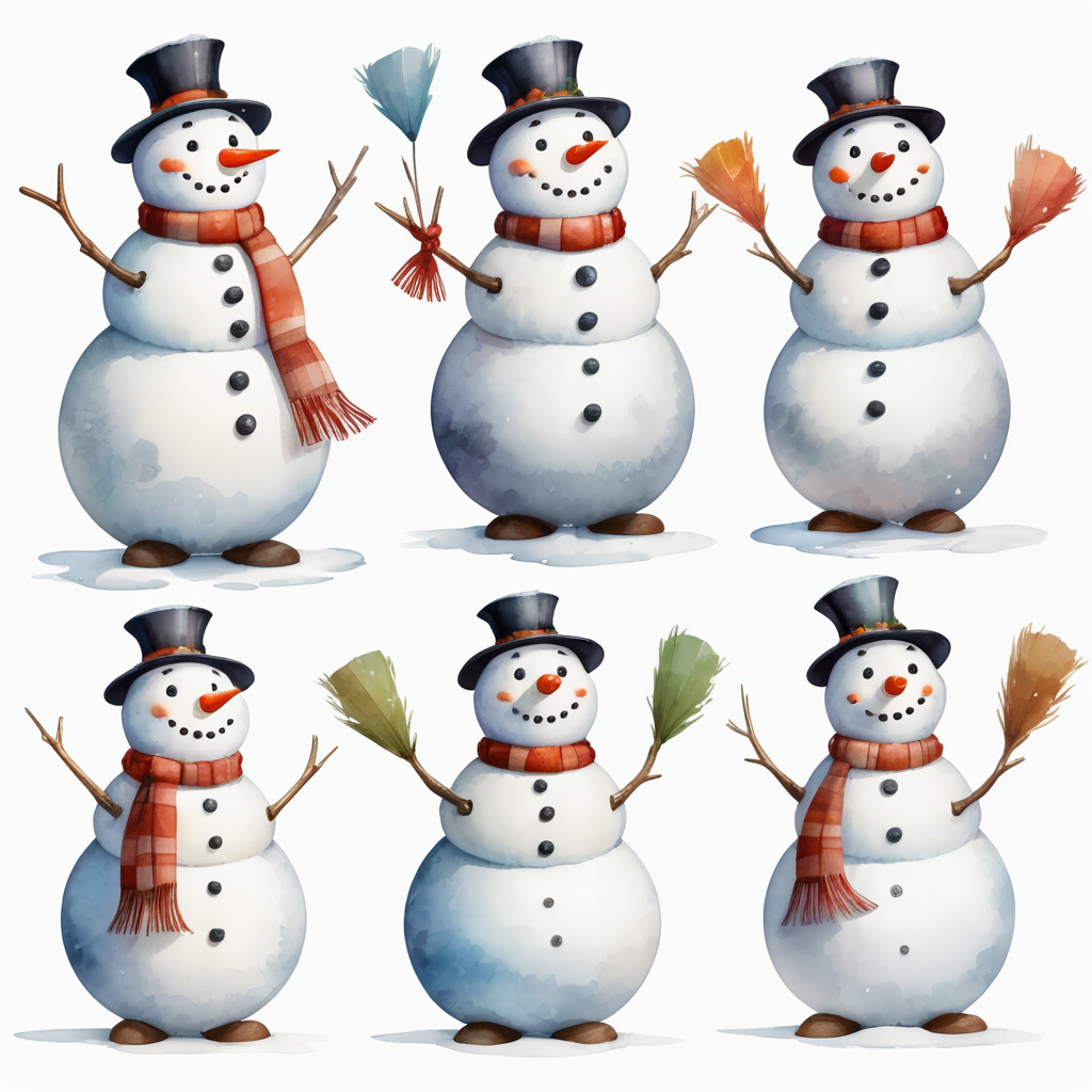 Snowman, different angles and expressions, full body only character sheets, multiple poses, white background, whimsical watercolor