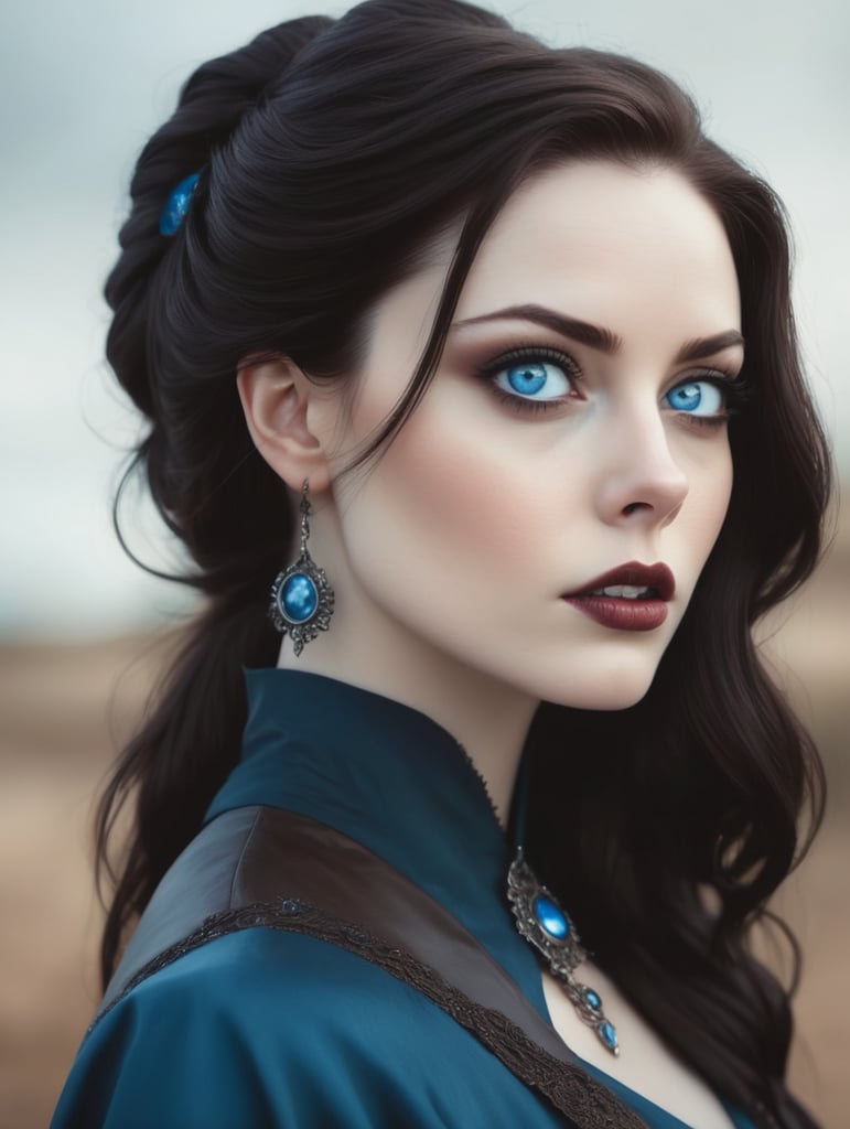 Beautiful pale skin, dark brown hair, stylized hair, blue eye, woman looking slightly up an off into the distance, 3 4 turn, goth, evil