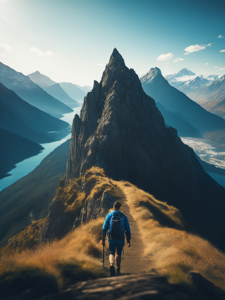 Man hiking in a mountain, brilliant blue sky, serene, peaceful, majestic, high detail, landscape, ultra hd, matte painting, highly detailed, concept art, contrast light, deep colors
