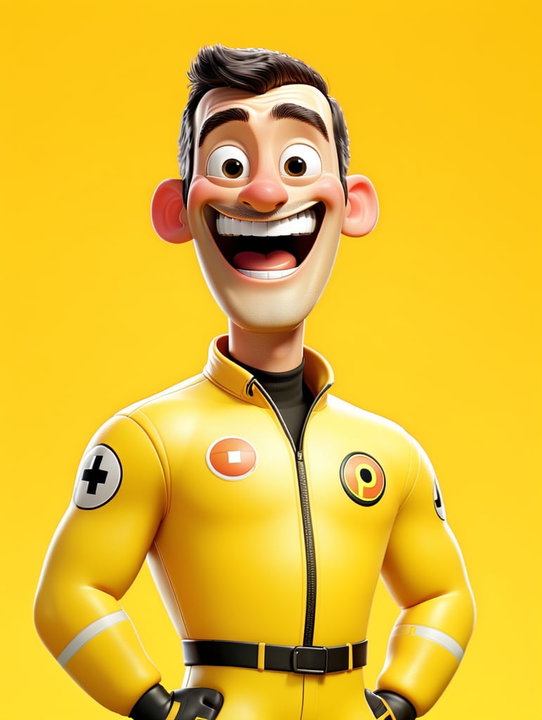 Smiling and cheerful racer in a yellow racer suit on an isolated yellow background