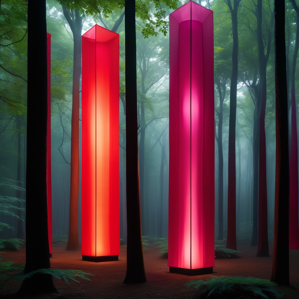 Esculturas de colores vibrantes muy altas hechas de látex y con luz inspiradas en la obra arquitectónica de Luis Barragán cubiertas con tela semitransparente en medio de un bosque muy obscuro