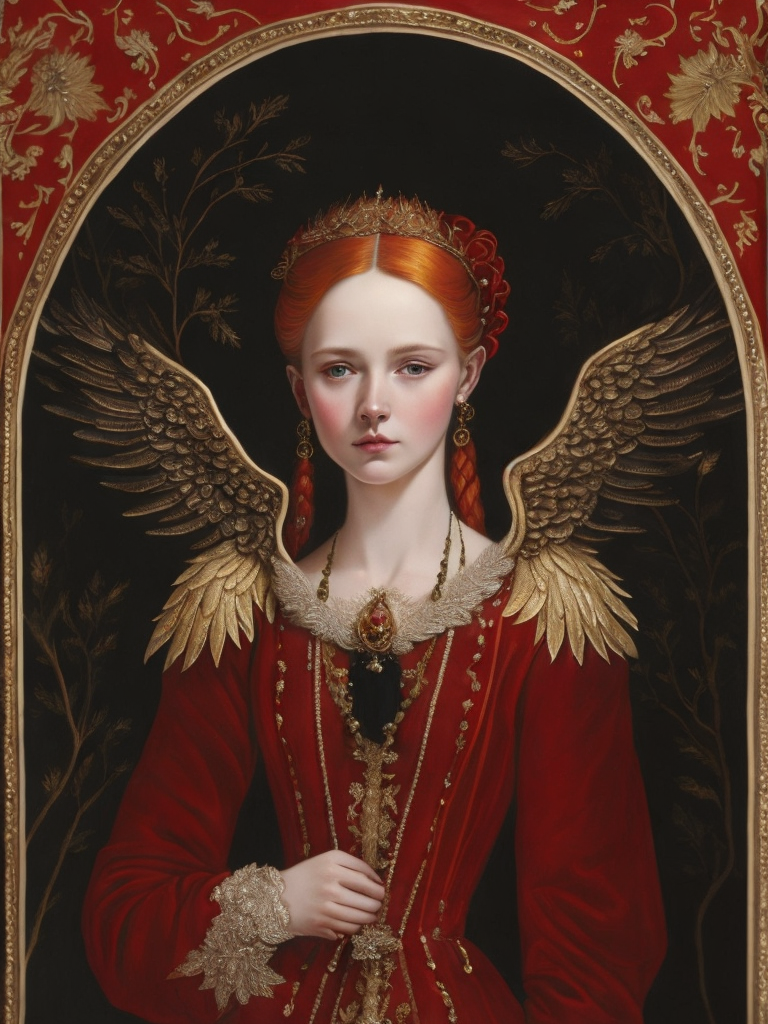 A young girl with golden wings in a red velvet dress with golden embroidery, beads, expensive lace, with red hair, jewelry from the 15th century in her hair, a dark background with trees and castles, the style of Lucas Cranach the Younger, medieval style