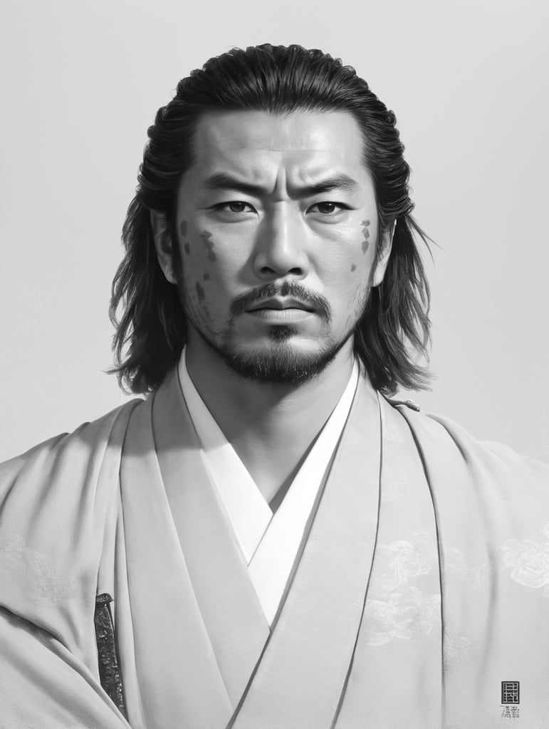 Portrait of a Samurai with a scar on his face, a very serious expression, classic Japanese painting style