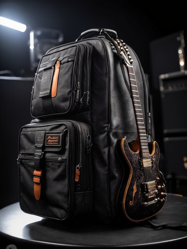 a black space guitar gigbag with a magnetic thruster, on a dark background with dramatic lighting.