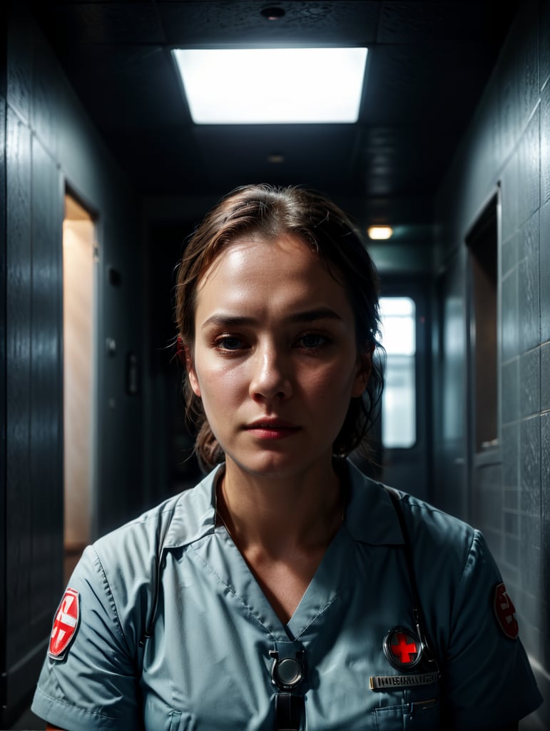 Portrait of a female working nurse, sitting on the floor in the hallway, sad face, sad colors and atmosphere, the light from the window illuminates her face, low angle photo