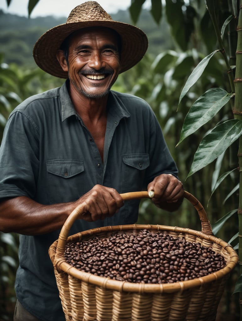 smiling brazilian coffee farmer holding coffee beans in bamboo basket, coffee lover, farm life, coffee harvesting, coffee beans, coffee plantation, fresh harvest, coffee production, handmade coffee, enjoying coffee,