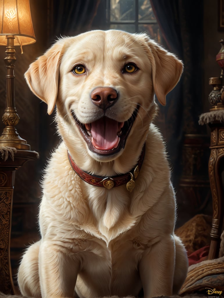 Labrador boy named Tony, light wool, smiling, Disney poster