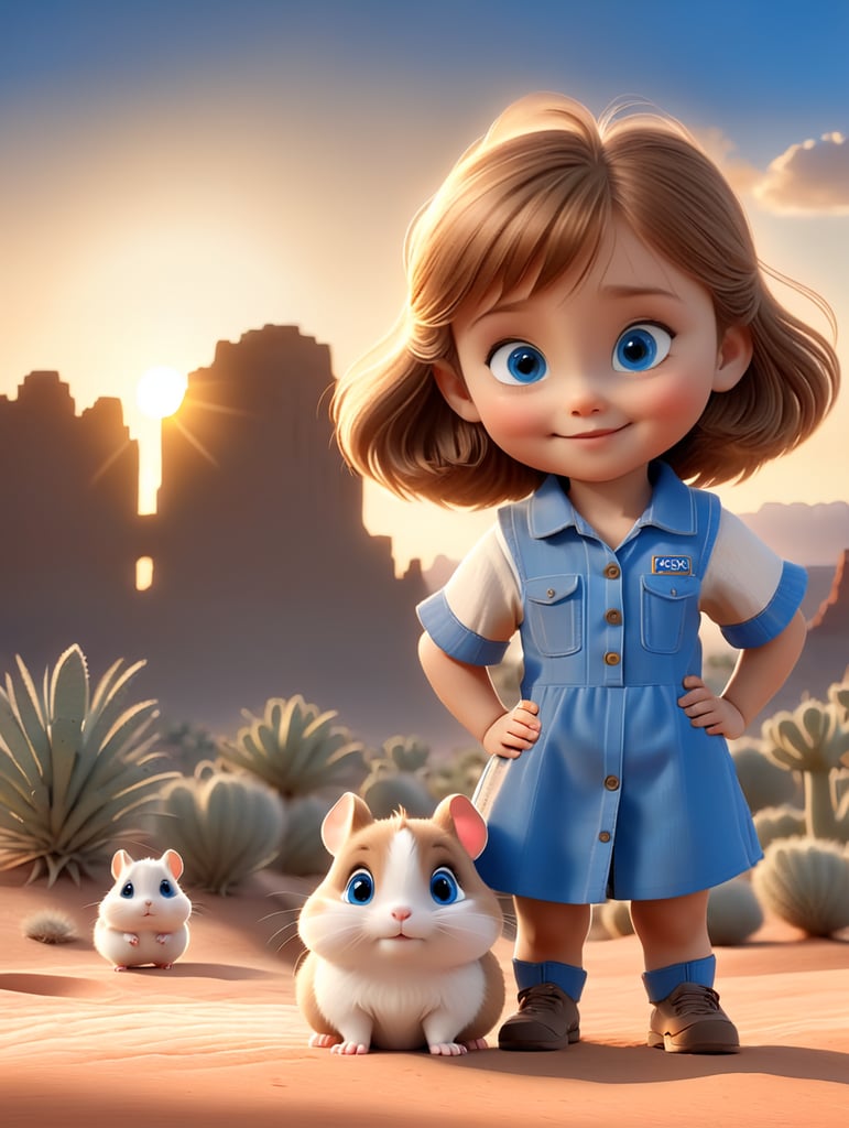 short light brown haired little girl with blue eyes, hugs her tiny brown and white hamster in the Arizona desert with the sun setting in the background