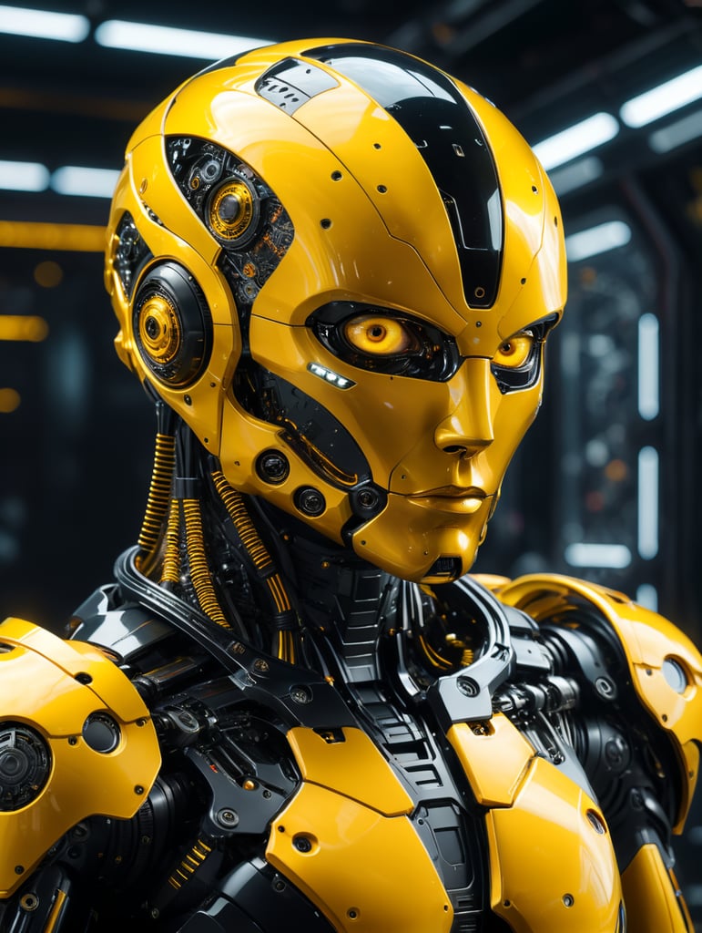 Superluminal 8K cinematic yellow and black thermalplastic futuristic hyperfiber mechanics intergalactic glass binary war ship, in the spacecore, with a (longshot view )((of a futuristic spaceforce intergalactic detailed mechanism displayed in glass binary thermoplastic cyborg humanoid robot)) at the pilots controls center