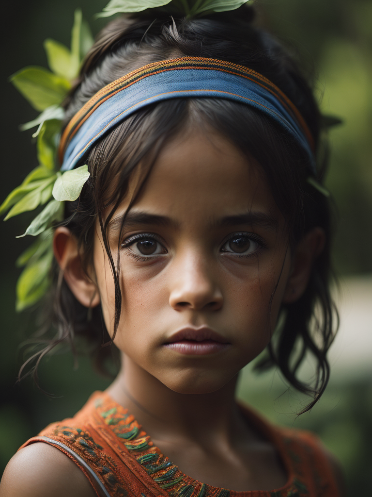 Portrait of an Brazilian amazon child, high definition, photography, cinematic, detailed character portrait, detailed and intricate environment