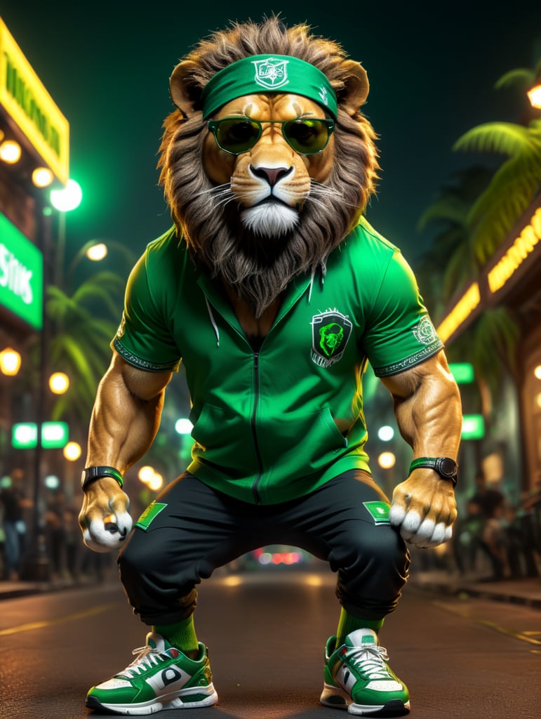 realistic lion, wearing green night life outfit and sneakers,8k, unreal engine render, full body wearing sunglasses and bandana