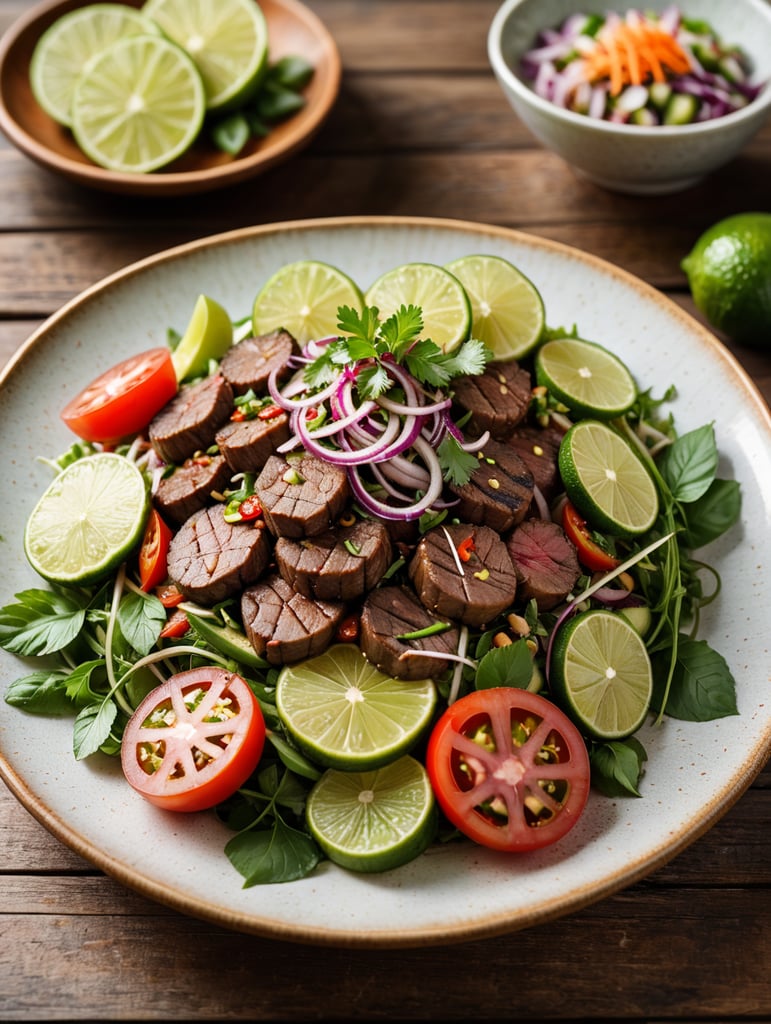 Thai Beef Salad (Yam Nua), small plate on a wooden table, Description: A zesty Thai salad featuring grilled beef, mixed with fresh herbs, cucumber, red onion, and tomatoes, and dressed with a tangy lime dressing.