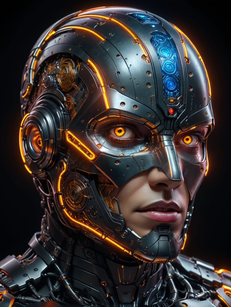 Intricate detailed laser line art (cyborg portrait ) (internal plasma network, precise , neon glowing tonal colors)