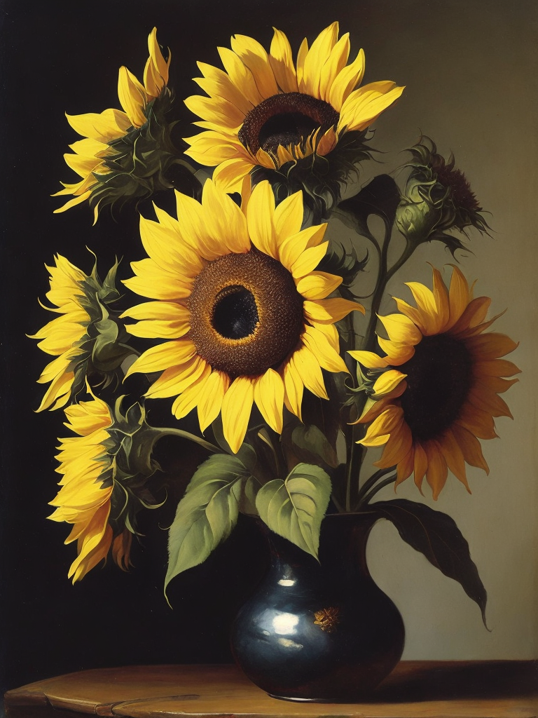 Sunflowers, moody, oil painting, by Willem van Aelst