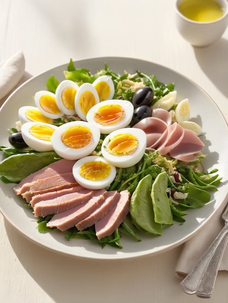 Nicoise Salad, small plate on a wooden table, Description: A French salad that features seared tuna, boiled potatoes, green beans, olives, hard-boiled eggs, and anchovies, all arranged on a bed of lettuce and dressed with vinaigrette.