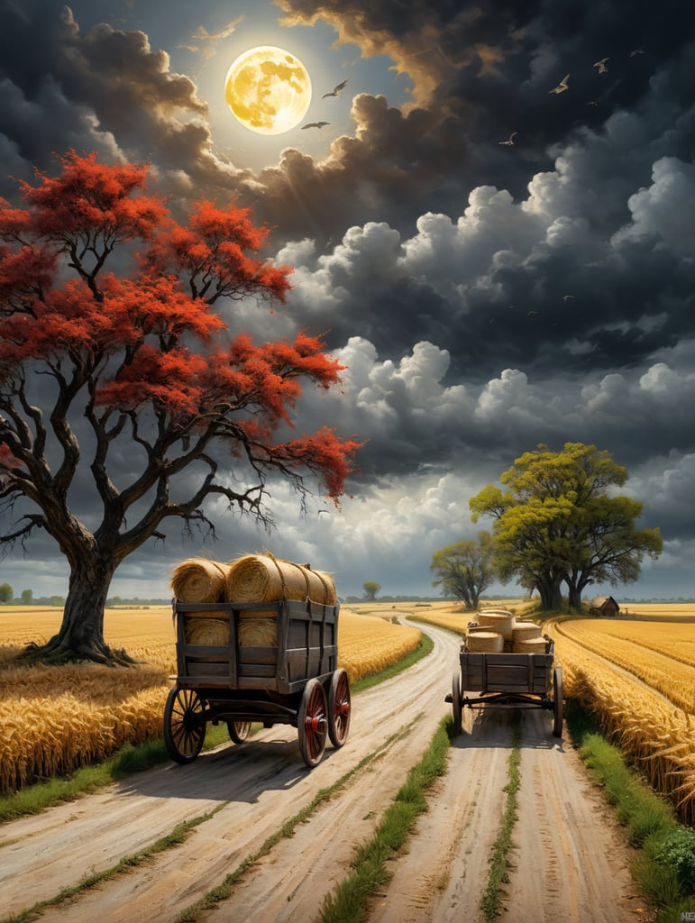 A hurricane wind along the road going into the distance bends brown trees growing in a field of wheat, along the road a tiger carries an old wooden cart with gray bags of grain on which red birds sit, crows and yellow doves fly in the cloudy sky, the moon is shining, the sun is rising, illuminating the field with rays, impressionism, impasto, fantasy,