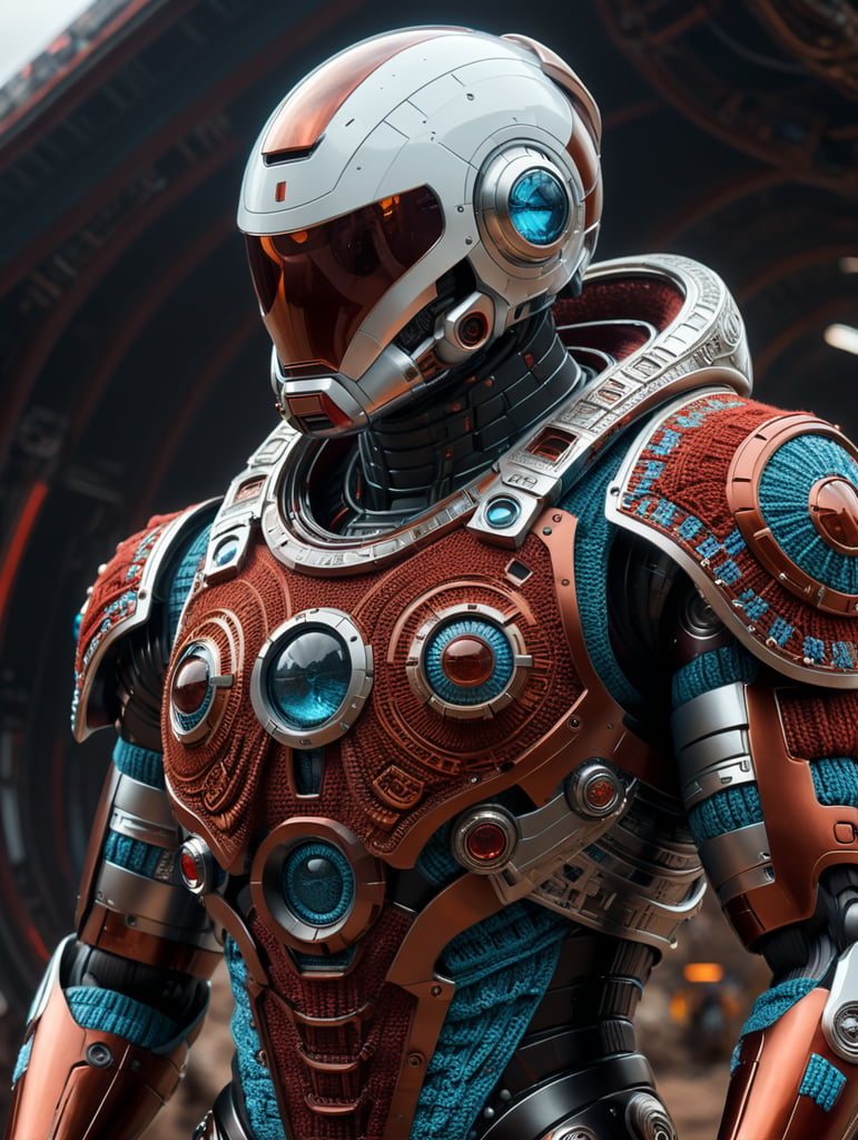 Minimalist fashion, astronauts, Futuristic, movie still, Mars, Knitted Vests, aztec art, dark and intricate, colorful, grotesques, sculpted, style ezpressive, mars, foil, glass, Futuristic robot. Color Palette: Silver, reddish-brown, deep red, dark gray, sky blue