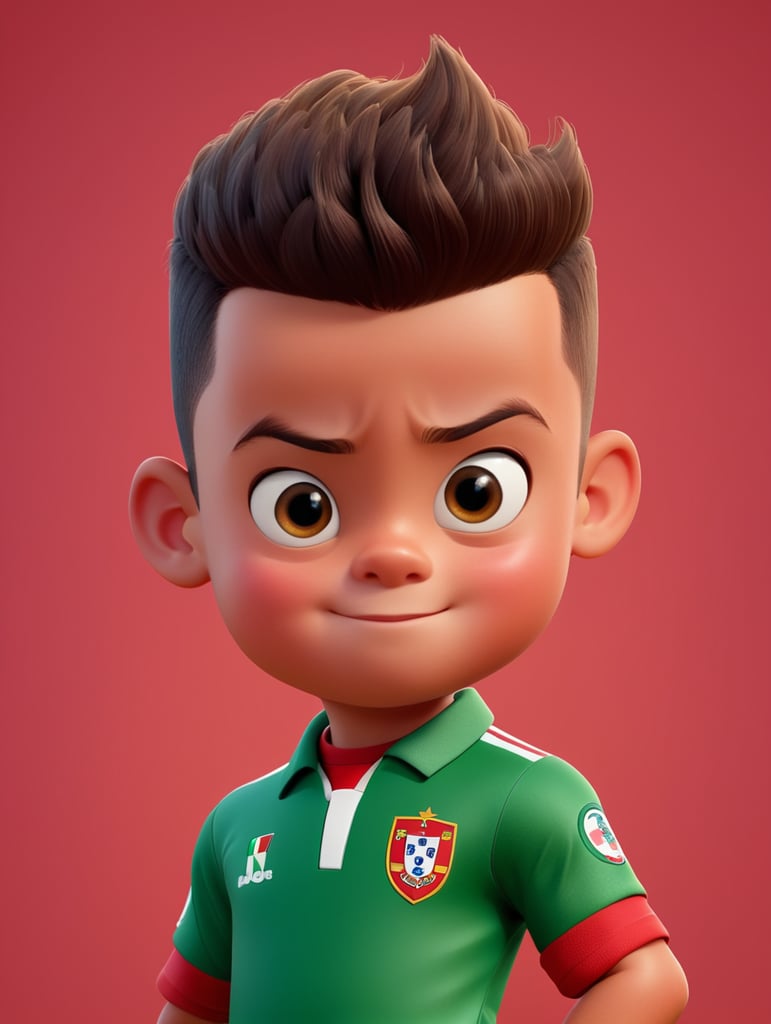 cristiano ronaldo as a kid, portugal national team kit, toon, pixar character, portrait, solid background