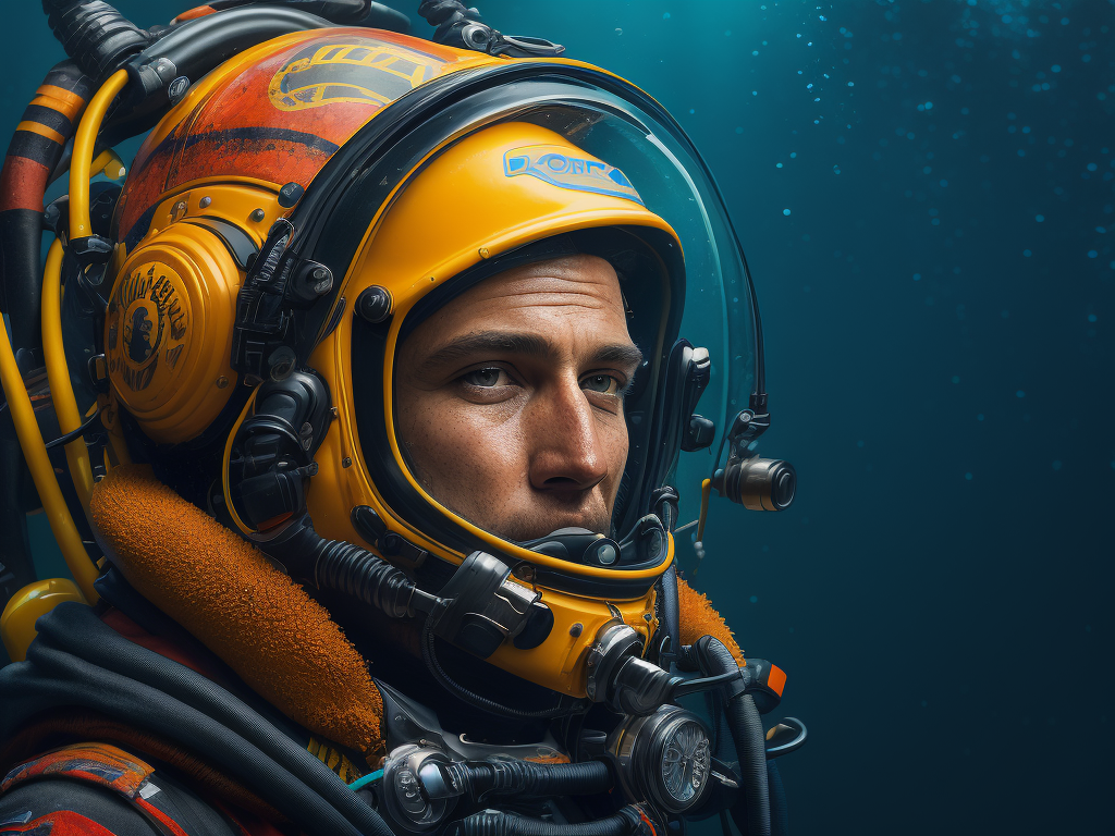 Portrait of commercial diver wearing a Kirby Morgan helmet, ultra realism, super detailed, neon colors, magazine cover, professional shot, magazine photography, bright saturated colors, sharp focus, highly detailed