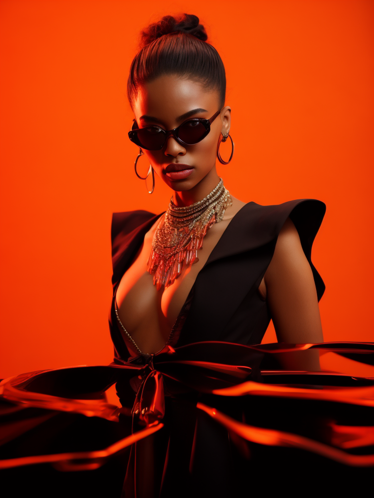 Black female model standing in waist-length black fluid, wearing black fashion dress, red lighting, black sunglasses, thick gold necklace around her neck, short haircut, red-orange background, fashion model, magazine cover, professional shot, magazine photography, bright saturated colors, sharp focus, highly detailed