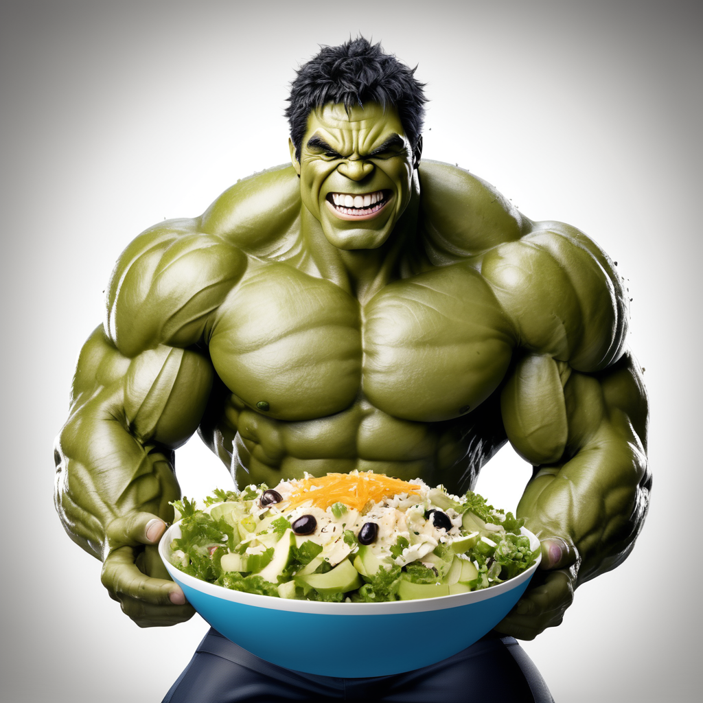 In a moment of sheer delight, Hulk stands tall with a wide grin, holding a bowl brimming with a vibrant medley of shredded lettuce, sliced olives, apple chunks topped with sunflower seeds, all drenched in Caesar dressing. Each vibrant ingredient reflects the power and energy of Hulk himself, embodying strength and vitality in every bite. As he savors the refreshing crunch of the salad, Hulk's joy radiates, reminding us that even the mightiest heroes appreciate the simple pleasures of a healthy meal.