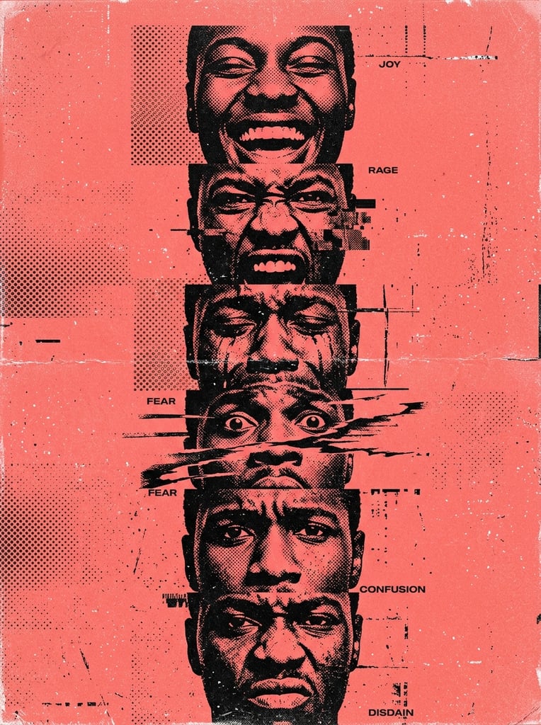 Six high-contrast black faces stacked vertically on a vibrant salmon pink background. Each head displays a distinct expression such as joy, rage, or sorrow. The distressed composition features a glitch-art aesthetic with horizontal tearing, heavy halftone stippling, and scattered white noise.