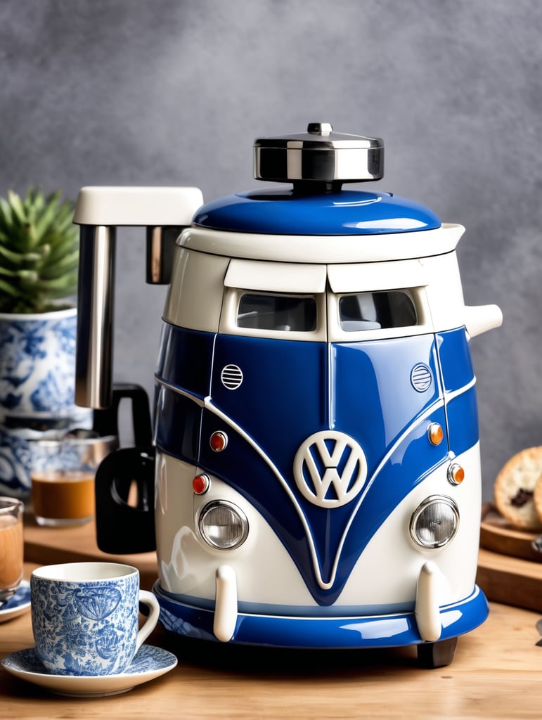 a vintage coffee maker shaped like a blue and white volkswagen kombi, grain grinder on top, coffe mug, kitchen, realistic