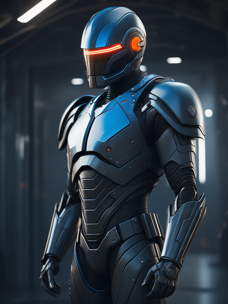 Robocop, armadura nova, dentro do laboratório de inovação, luz cenica azul, detlhado, cinema