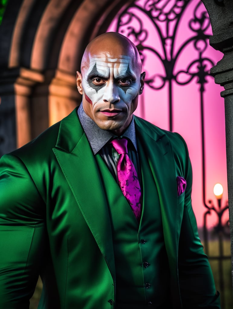 Portrait of Dwayne Johnson in a joker costume for Halloween, scary makeup on his face, dark atmosphere, vintage style, green and pink colors, highly detailed photo, professional photo, against the backdrop of an old creepy cemetery, contrasting light, bright colors