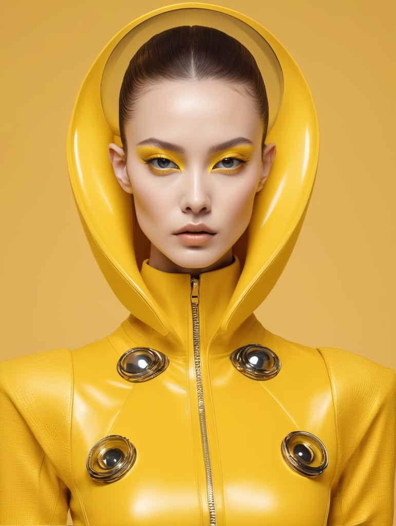 alien-inspired avant-garde fashion simply go photoshoot all yellow outfit yellow backdrop harper's Bazaar aesthetic magazine cover stunning headshot hyper-realistic creation futuristic fashion