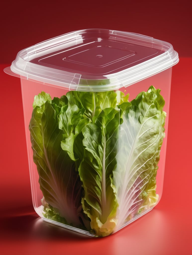 blank Transparent Plastic Container with Iceberg lettuce Salad, isolated, red background, Mockup, mock up