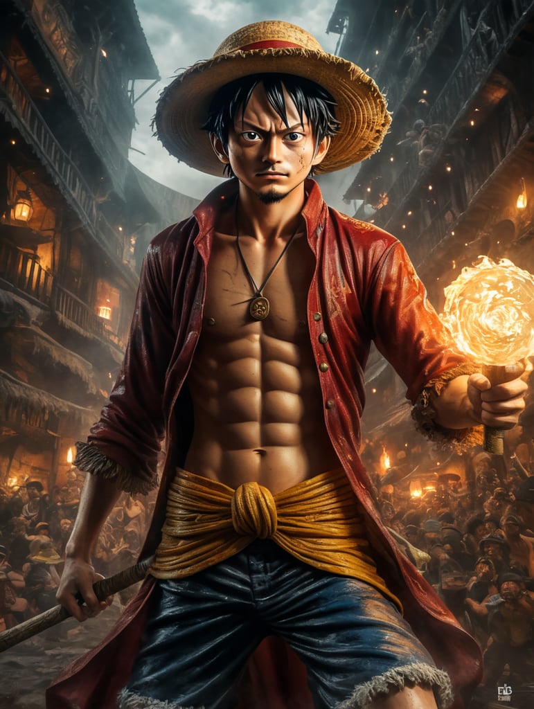 one piece luffy Netflix série, pirografia ultra realista com muitos detalhes