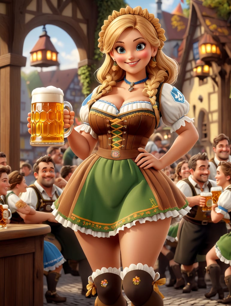 Woman pub waitress with big breasts in German traditional costume with Oktoberfest beer mugs, Oktoberfest girl in Bavarian dirndl